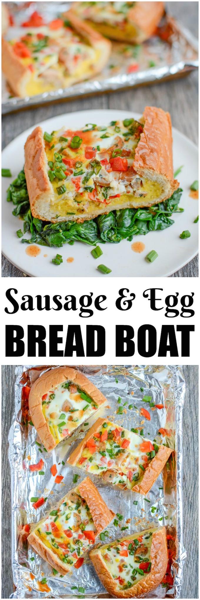 This Sausage and Egg Bread Boat is a perfect holiday breakfast or an easy brunch recipe! It can be prepped in just a few minutes and then you can just pop it in the oven and go spend time with your guests.