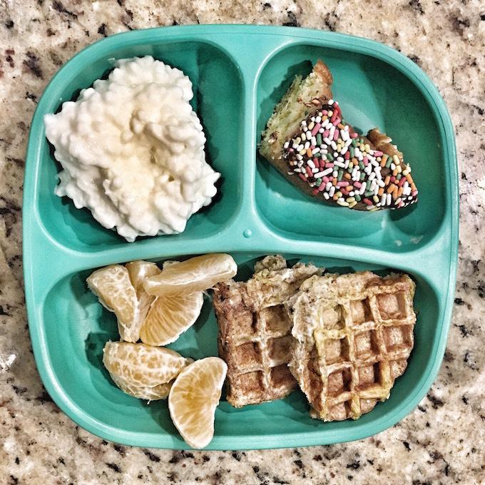 toddler breakfast with waffles and donut