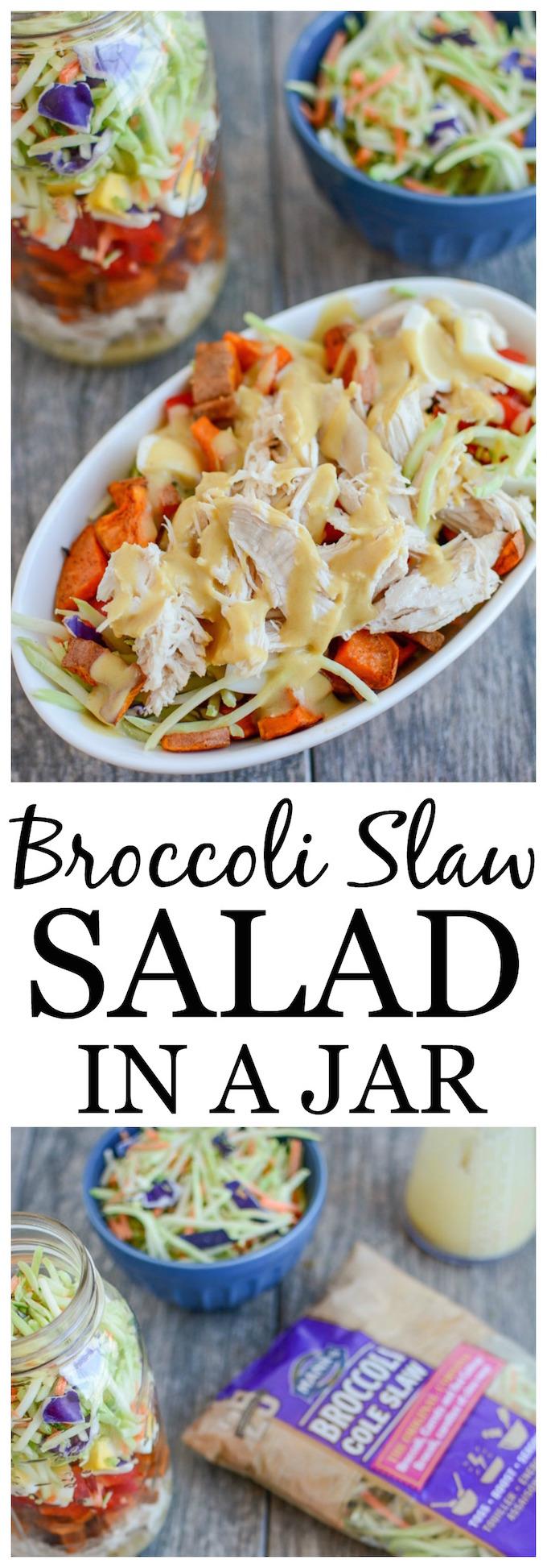 This Broccoli Slaw Salad in a Jar is the perfect packable lunch! Transform leftover chicken into an easy, healthy lunch option that can be prepped ahead of time for a busy week!