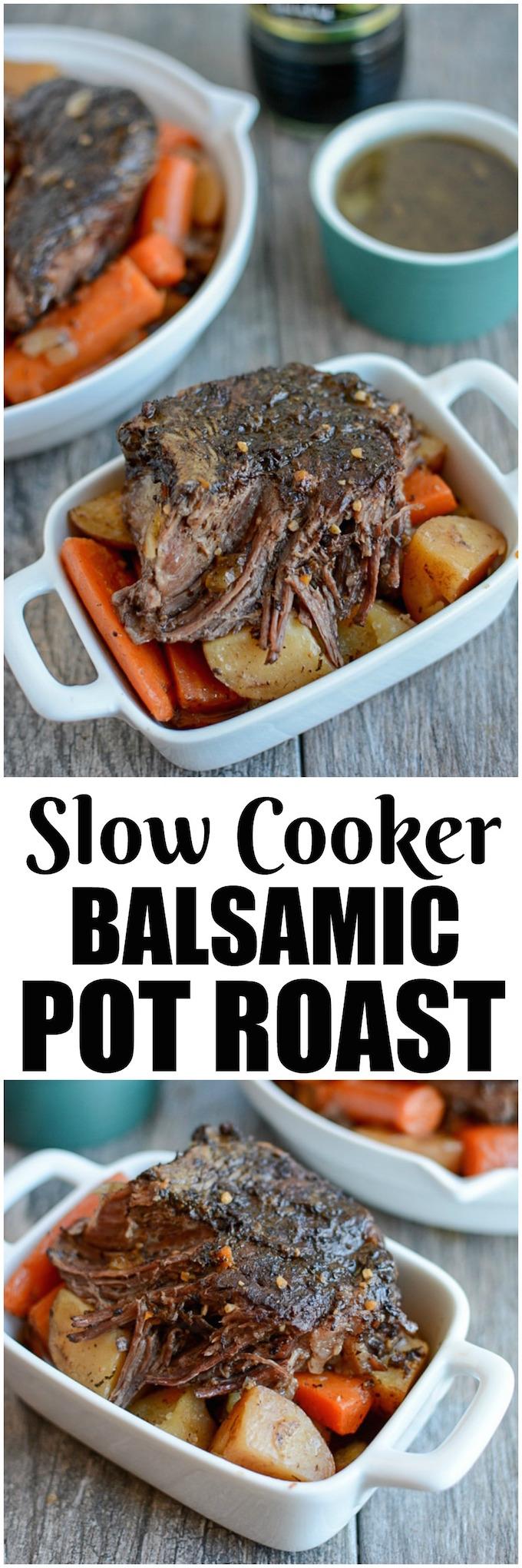 This Slow Cooker Balsamic Pot Roast is an easy, healthy dinner option for a busy night. Beef, potatoes and carrots cook all day for a balanced meal that's ready when you walk in the door.