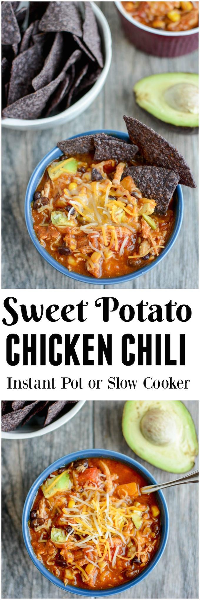 This chicken chili with sweet potato can be made in the instant pot or slow cooker for an easy and healthy dinner.  And leftovers make the perfect packable lunch. 