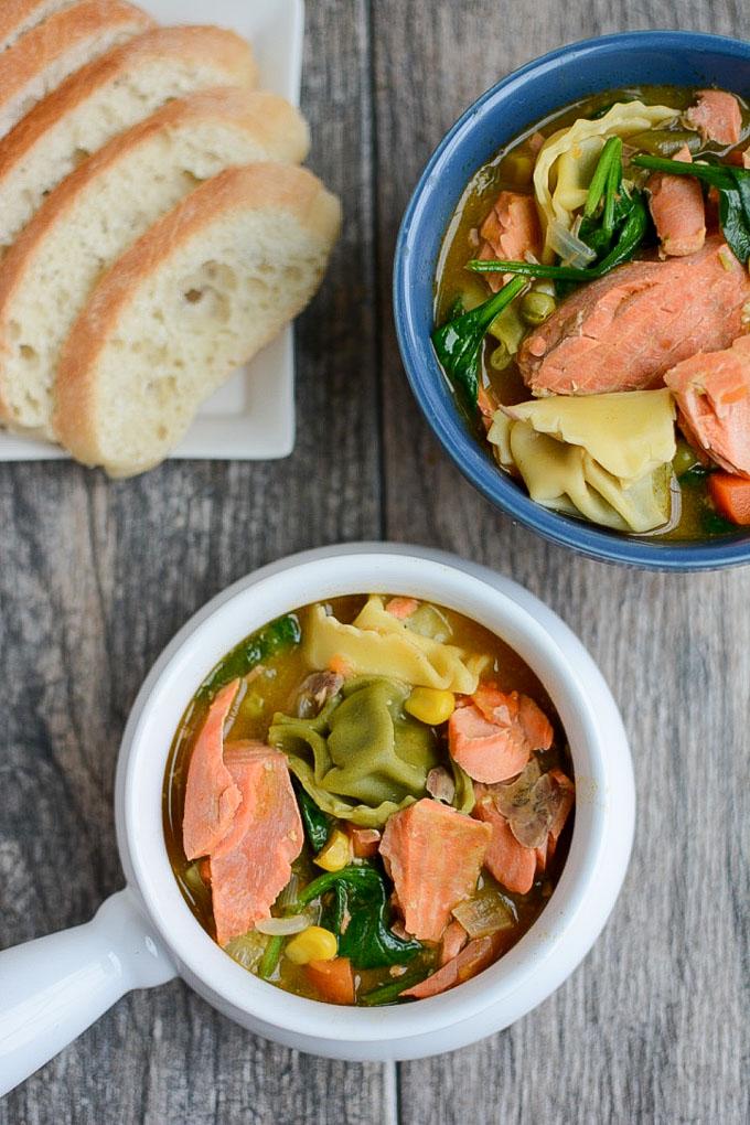 Instant Pot Salmon Tortellini Soup with vegetables