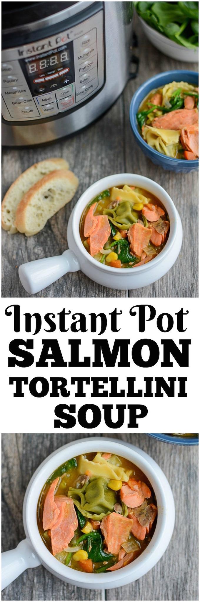 This Instant Pot Salmon Tortellini Soup recipe is simple, healthy and so easy to make for dinner. It uses ingredients from your freezer so its perfect for a night when you need a last minute meal. 