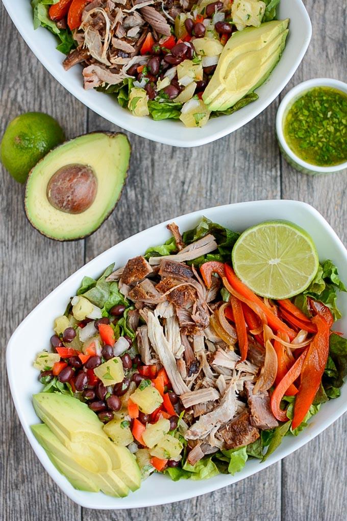 Pulled Pork Fajita Salad with Pineapple Black Bean Salsa