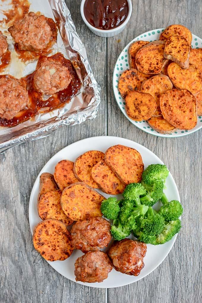 Sheet Pan BBQ Meatballs with Sweet Potatoes overhead shot