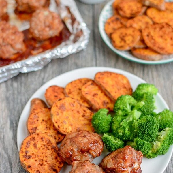 Sheet Pan BBQ Meatballs with Sweet Potatoes and Broccoli for dinner