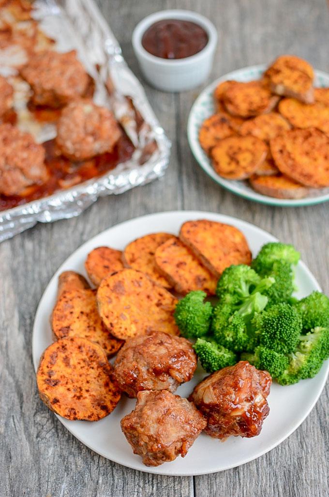 Sheet Pan BBQ Meatballs with Sweet Potatoes and Broccoli for dinner