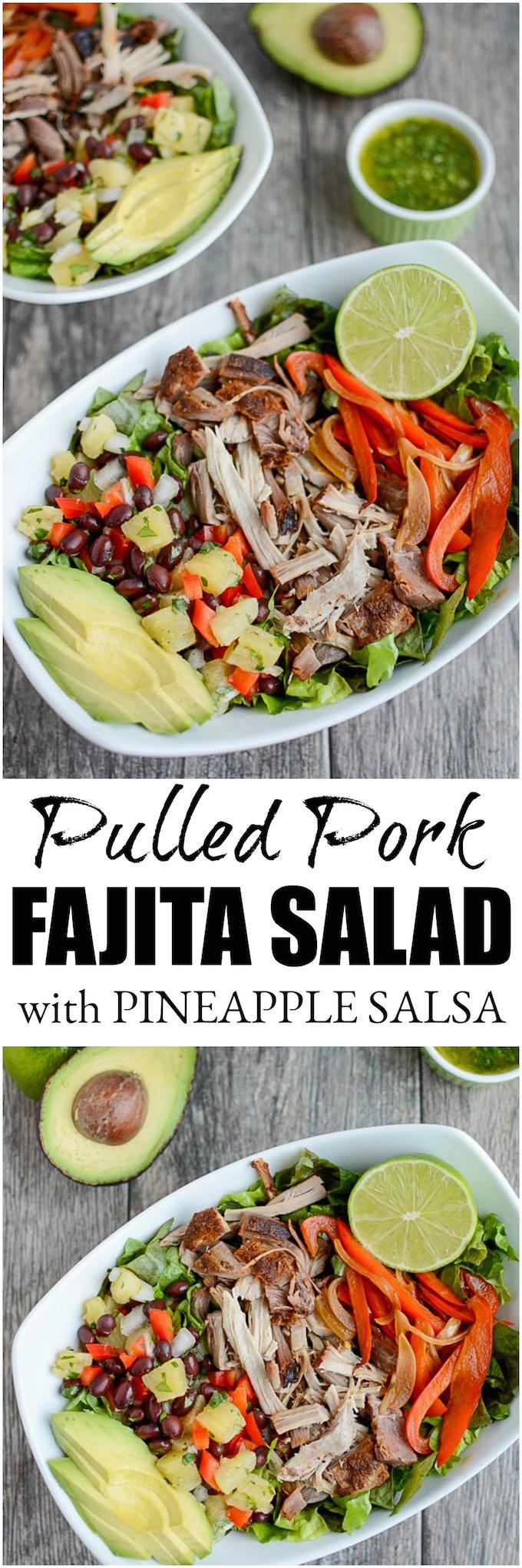 This Pulled Pork Fajita Salad is the perfect way to transform leftover pulled pork into a healthy new lunch or dinner. A pineapple black bean salsa and a light cilantro-lime dressing add extra flavor!