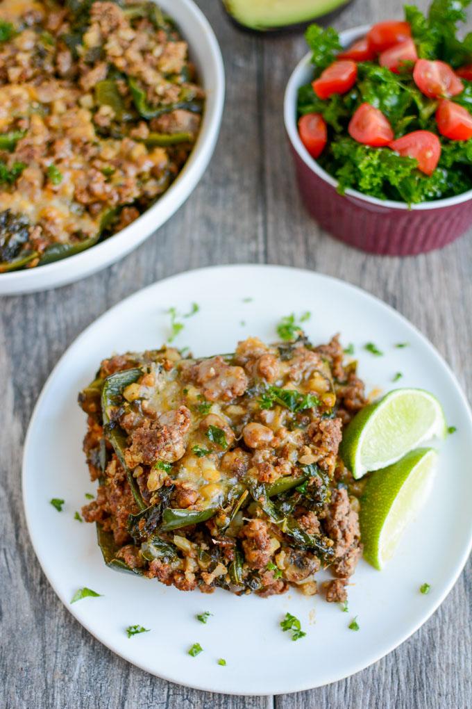 Beef and Cauliflower Stuffed Pepper Casserole with poblano peppers