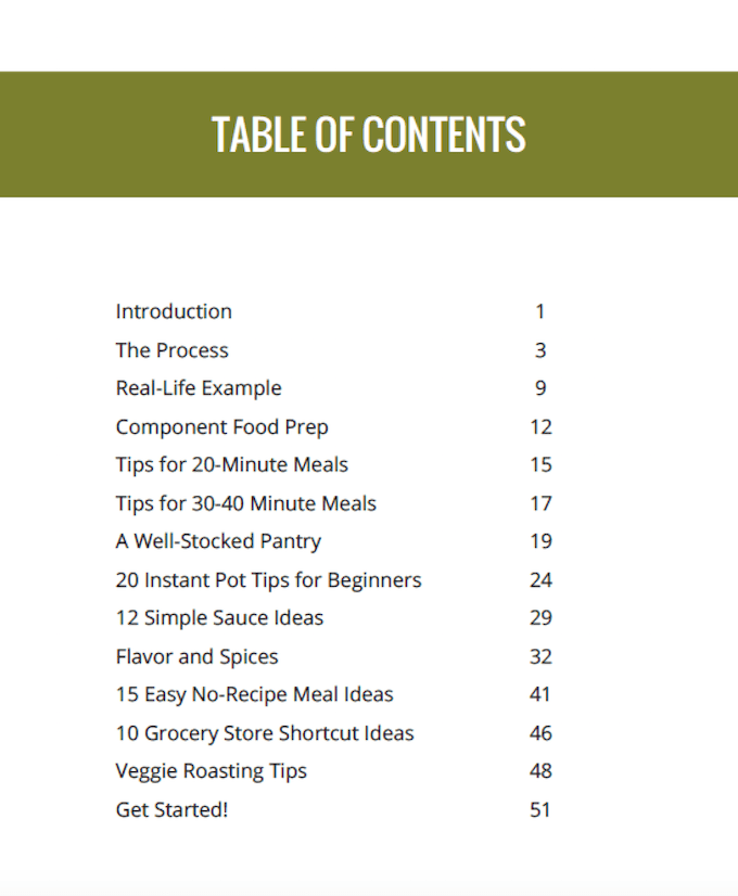 dinner on the fly table of contents