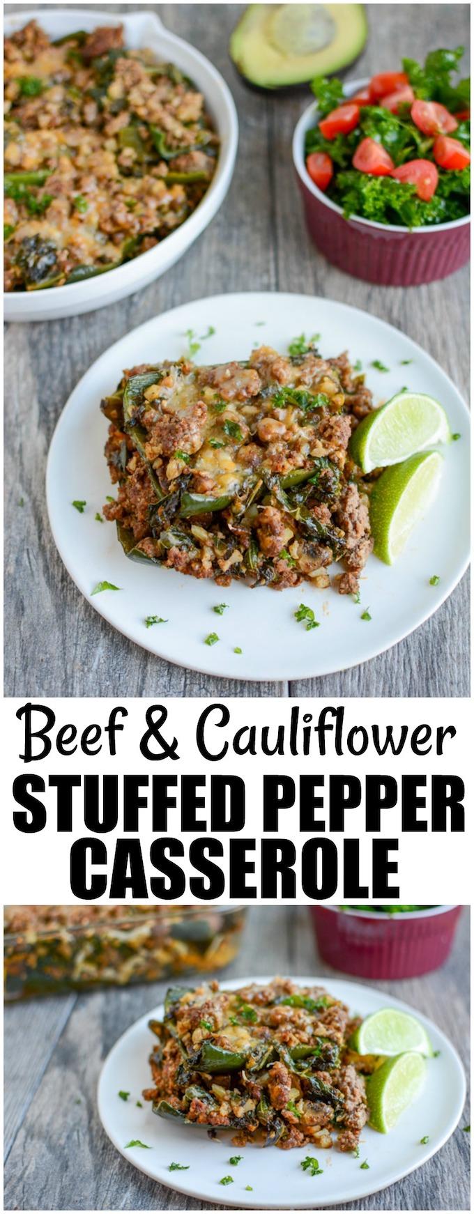 This gluten-free Beef and Cauliflower Stuffed Pepper Casserole is a low-carb dinner recipe that's also great for lunch! A flavorful mixture of ground beef and cauliflower rice is layered with cheese and poblano peppers instead of stuffed into traditional bell peppers. 