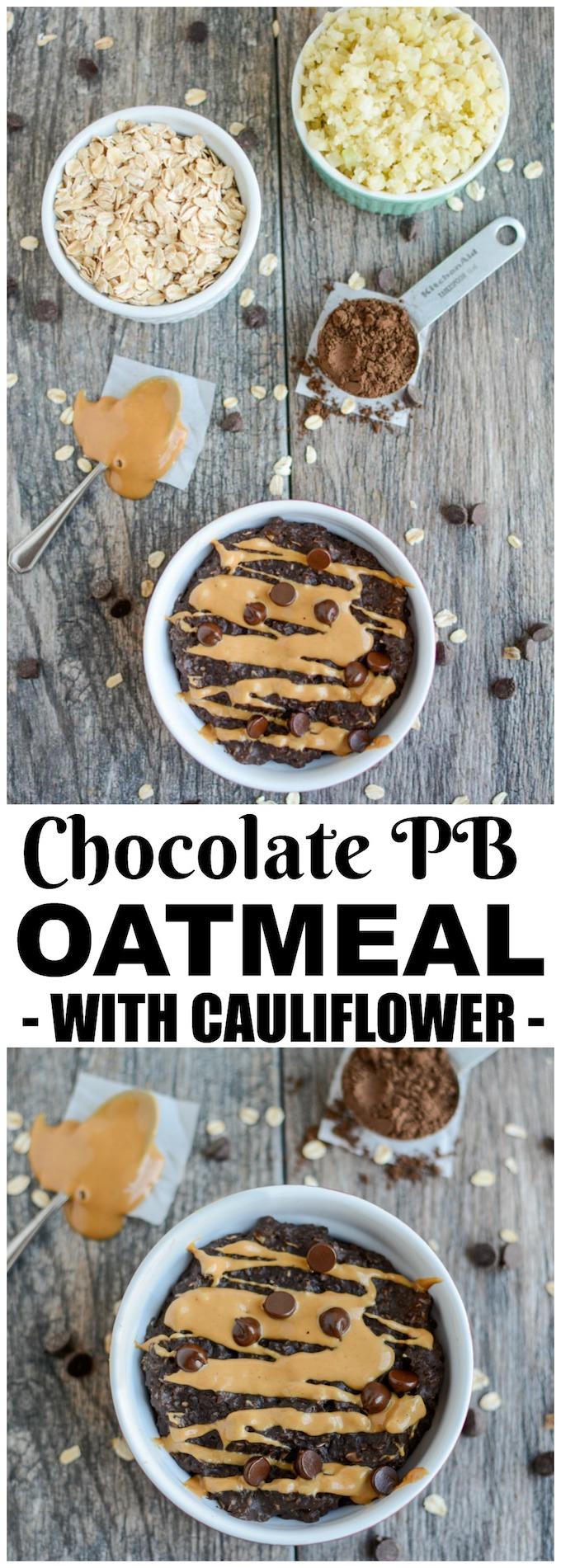 This Chocolate Peanut Butter Cauliflower Oatmeal will be a hit with kids and adults. Give your regular breakfast bowl of oats some added nutrients by blending in some steamed cauliflower!