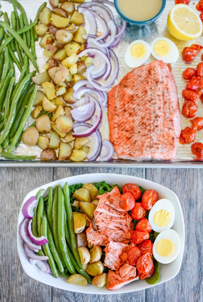 Salmon Nicoise Salad in a bowl and on a sheet pan