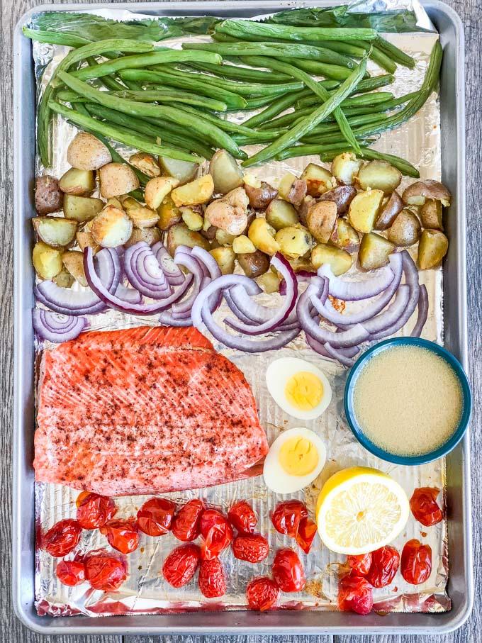 Salmon Nicoise Salad on a sheet pan 