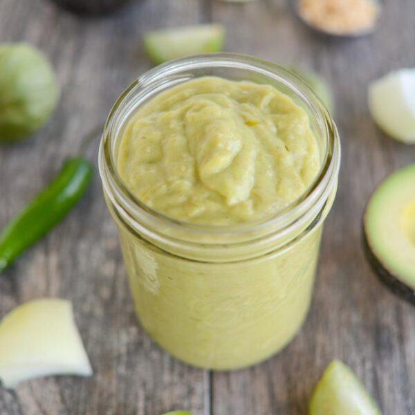 Spicy Green Sauce made with roasted tomatillos and avocado