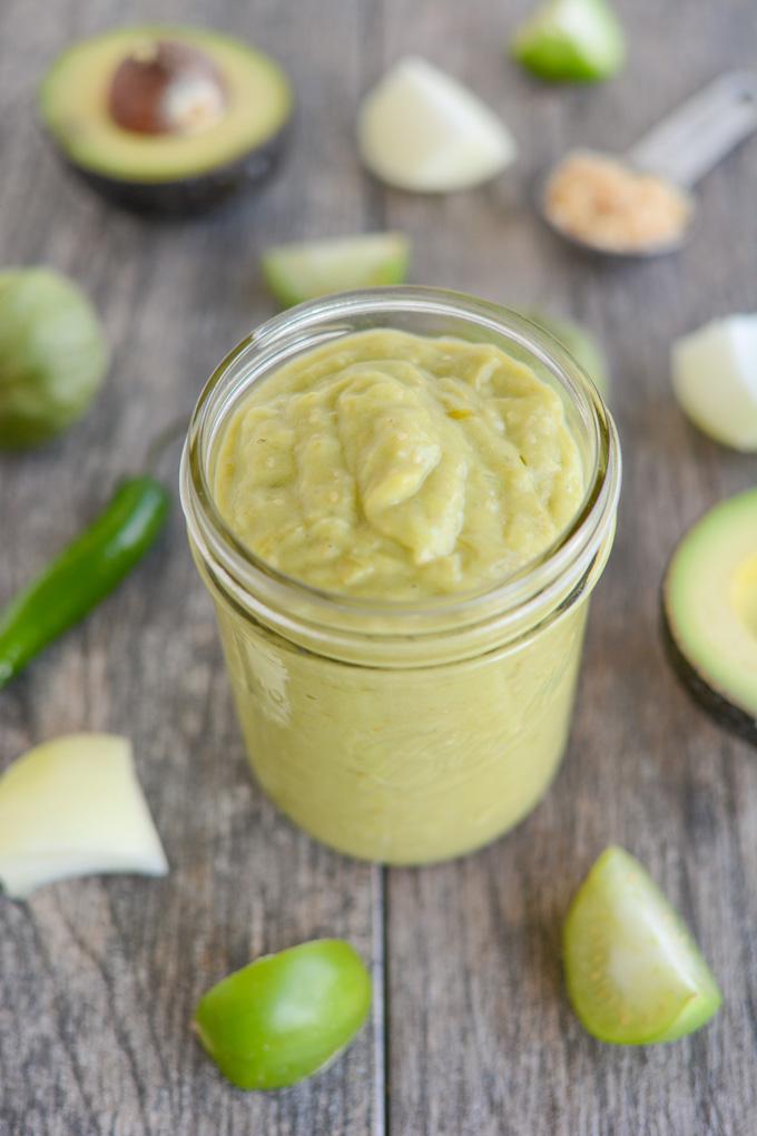 Spicy Green Sauce made with roasted tomatillos and avocado