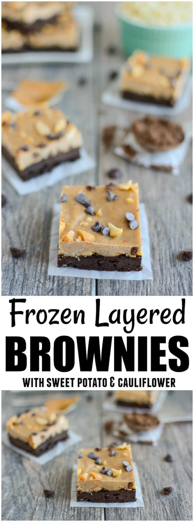 These dairy-free Frozen Layered Brownie Bars are perfect for dessert or an afternoon treat! They pair a layer of sweet potato brownies and a layer of peanut butter banana cream and even sneak in some cauliflower!