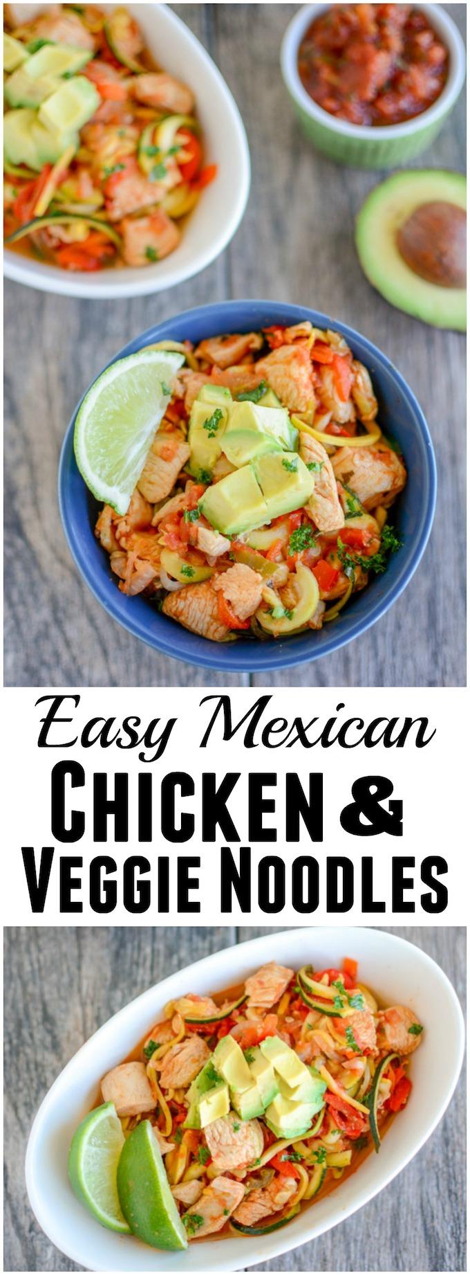 These Mexican Chicken and Veggie Noodle Bowls are so easy and come together in under 20 minutes for a quick, healthy dinner. They're a fun change from traditional tacos or fajitas.