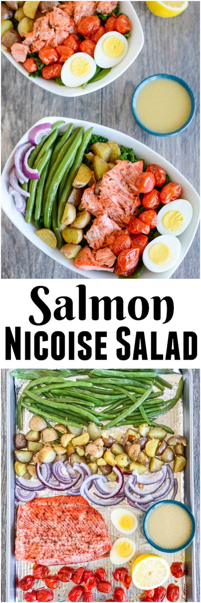 This Salmon Nicoise Salad is an easy, flavorful twist on a classic recipe. Made with roasted vegetables, baked salmon and a simple dressing, it's perfect for a healthy lunch or dinner!