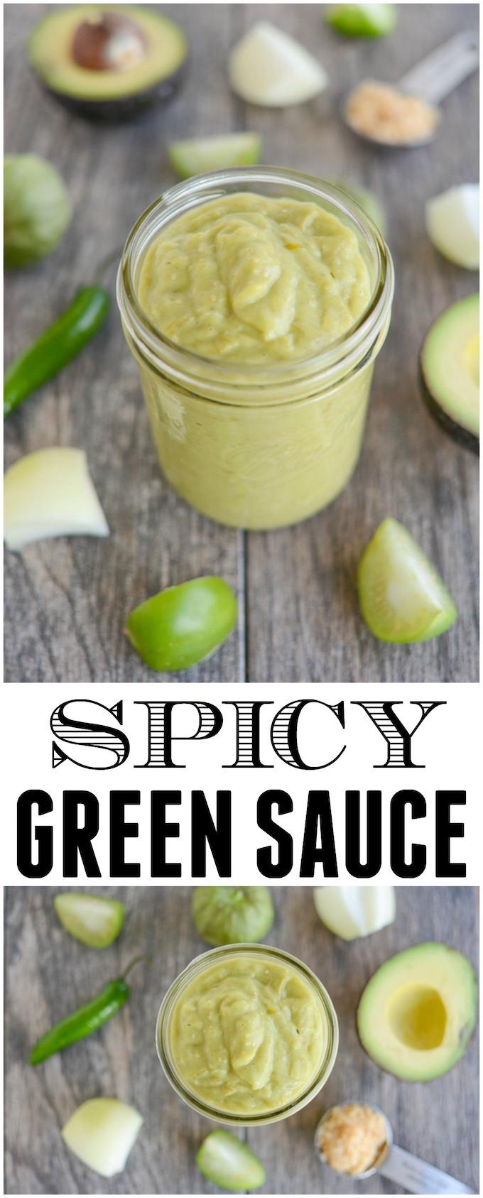 This Spicy Green Sauce is made with roasted tomatillos, avocado and just a few other ingredients. Combine them all in the blender for a simple, flavorful sauce that's good on everything from chicken to vegetables!
