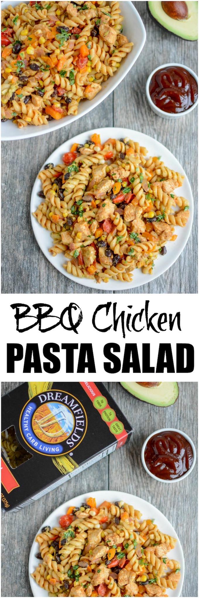 This BBQ Chicken Pasta Salad is perfect for everything from dinner on a hot night to a summer picnic or cookout. It's packed with protein, fiber, and vegetables and can be made ahead of time!