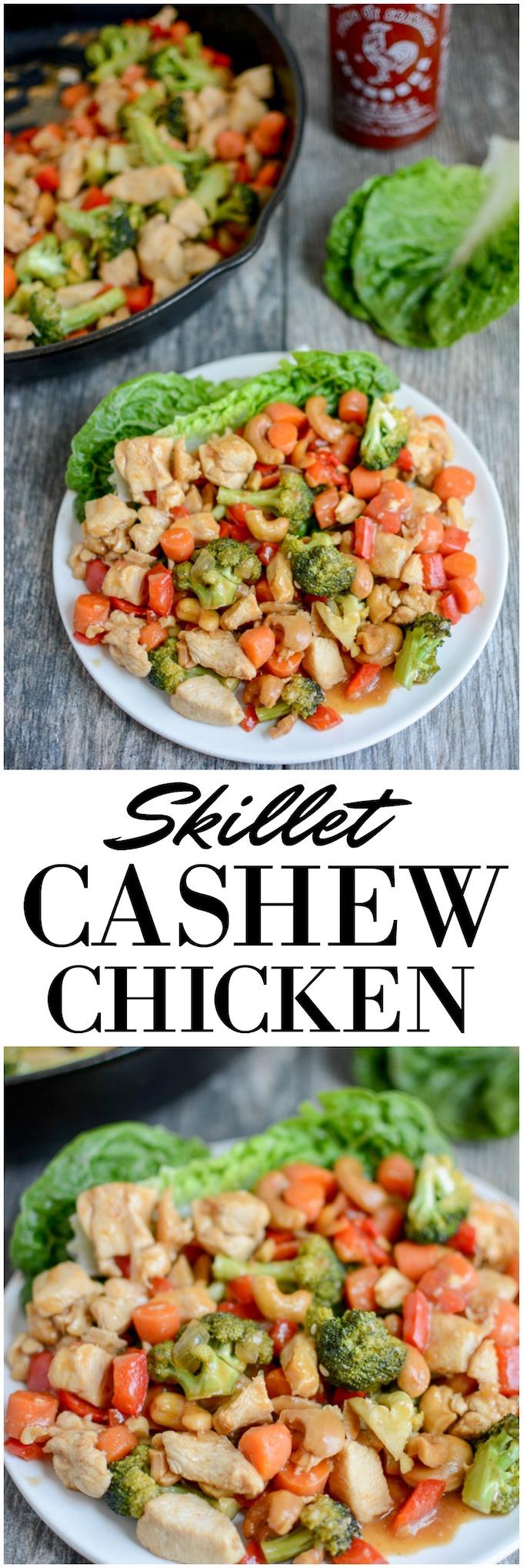 This Skillet Cashew Chicken is the perfect one-pan dinner. It comes together quickly and is full of flavor. Make it spicy or mild and serve it in lettuce wraps or over rice!