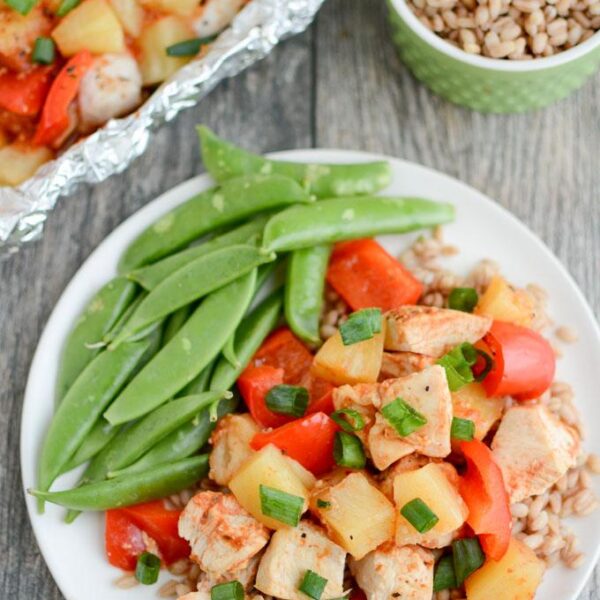 Grilled Foil Packet Hawaiian Chicken served over farro.