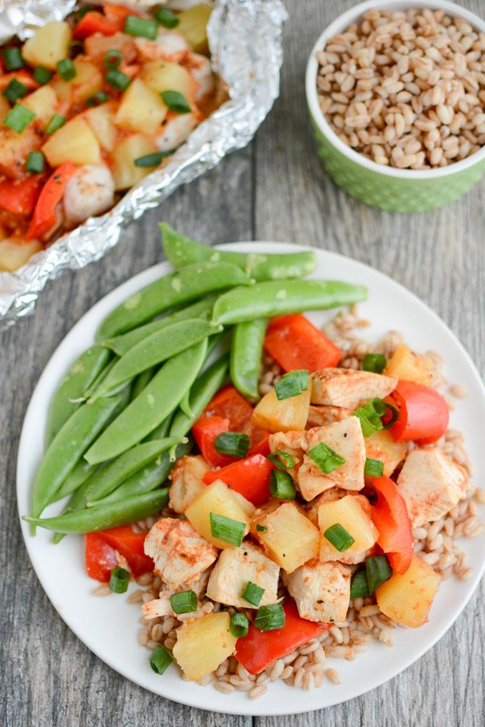 Grilled Foil Packet Hawaiian Chicken served over farro.