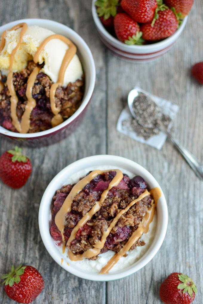 Healthy Fruit Crisp served over cottage cheese and drizzle with peanut butter.