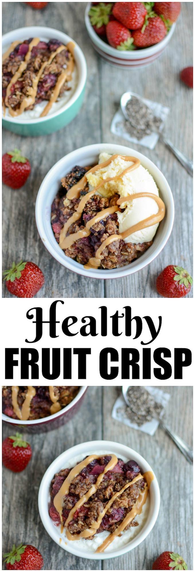 This Healthy Fruit Crisp is low in added sugar and packed with fiber and healthy fats. Serve it over yogurt or cottage cheese for breakfast or with ice cream for dessert.