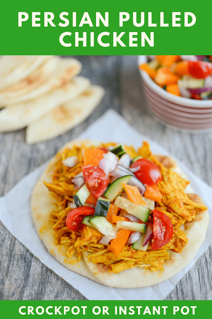 This Persian Pulled Chicken is a simple healthy recipe that can be made in the slow cooker or instant pot. It's full of flavor and great served over rice, on a pita, in a wrap or over a salad for a quick lunch or dinner that can be prepped ahead of time!