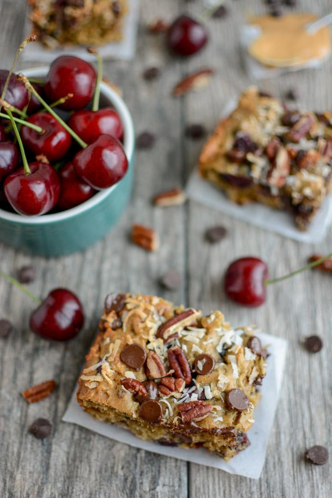 Sweet Cherry Oat Bars with sweet cherries, chocolate chips, pecans and coconut