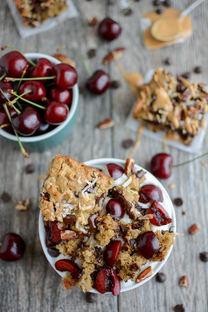 Sweet Cherry Oat Bar crumbled over yogurt