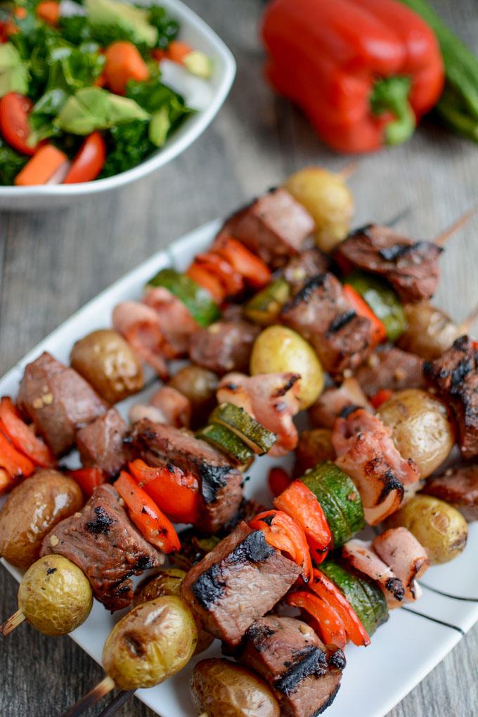 Grilled Steak and Potato Kabobs with zucchini and red peppers