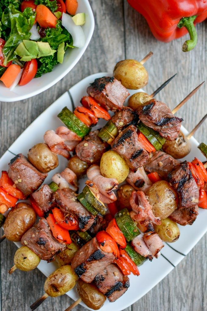 Grilled Steak and Potato Kabobs with veggies and bacon