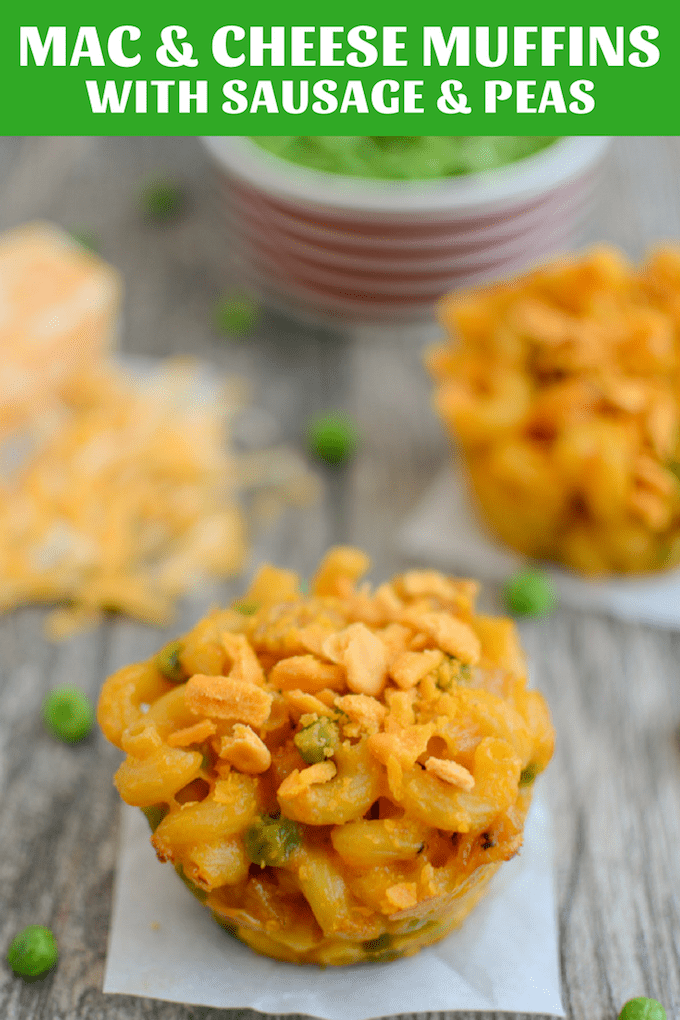 These Macaroni and Cheese Muffins are a fun way to change up your kid's favorite dinner. They're perfect to pack in a lunchbox or for an after school snack! Add sausage and peas for a protein boost and watch your kids gobble them up.