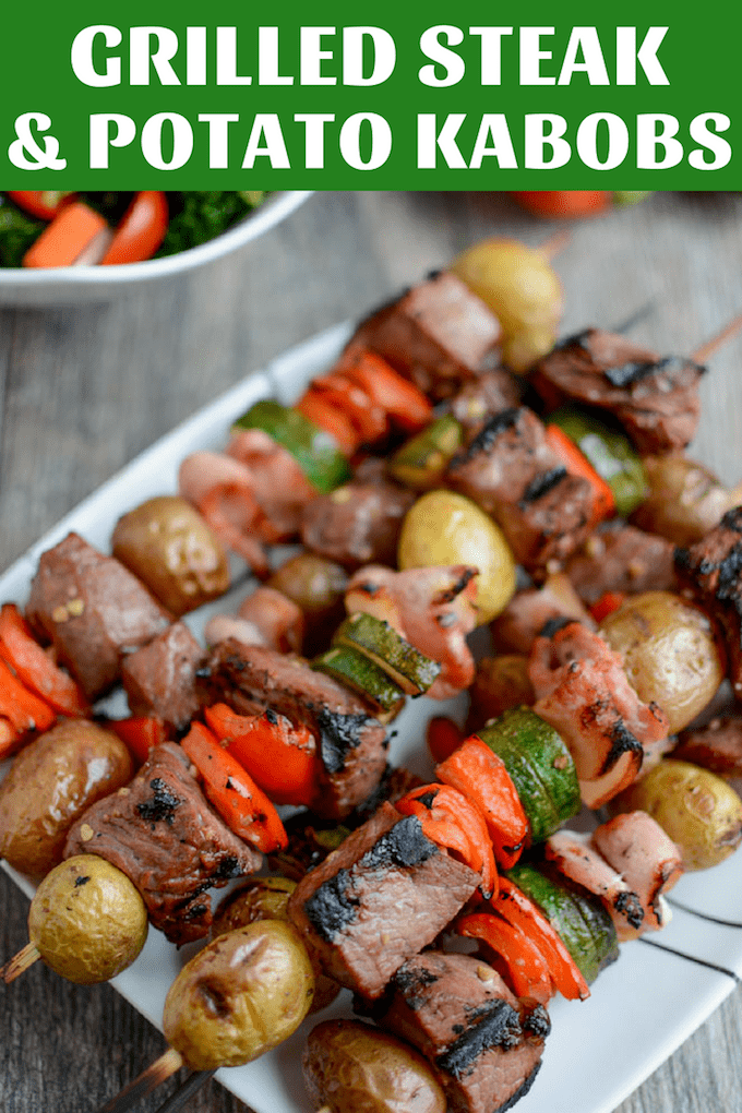 These Grilled Steak and Potato Kabobs are perfect for a healthy weeknight dinner or your next summer BBQ. A simple marinade adds flavor to the steak and veggies and the potatoes are pre-cooked in the microwave to make grilling quick and easy!