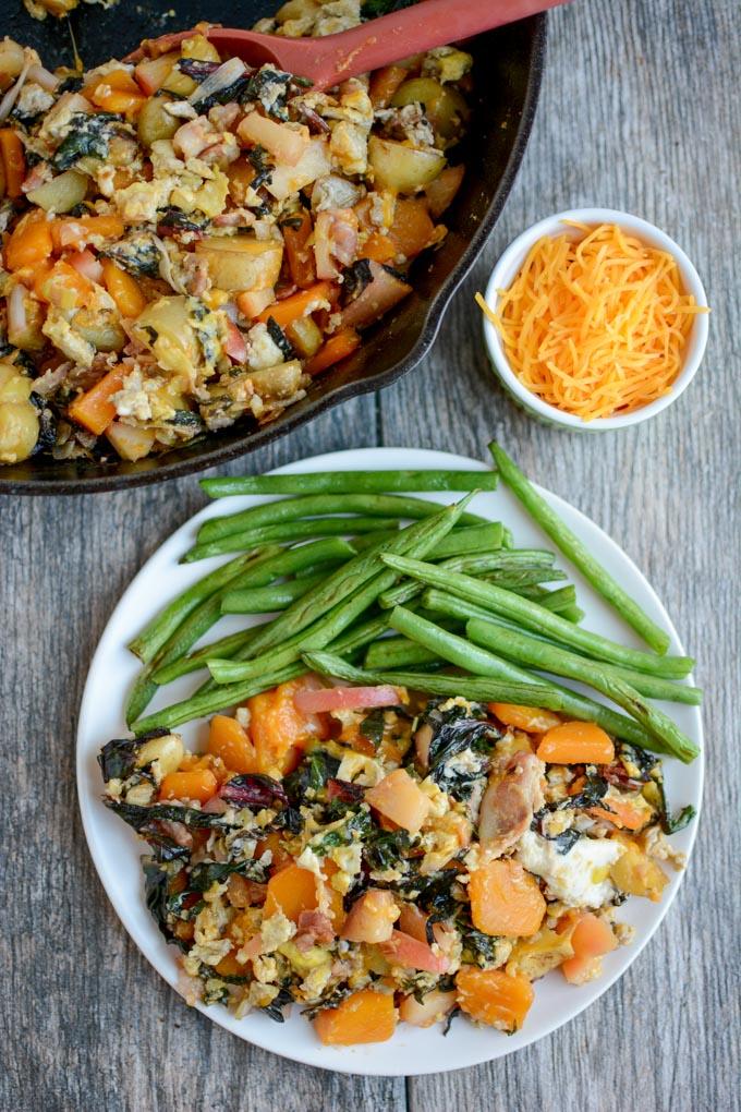 Skillet hash with eggs or chicken and fall vegetables