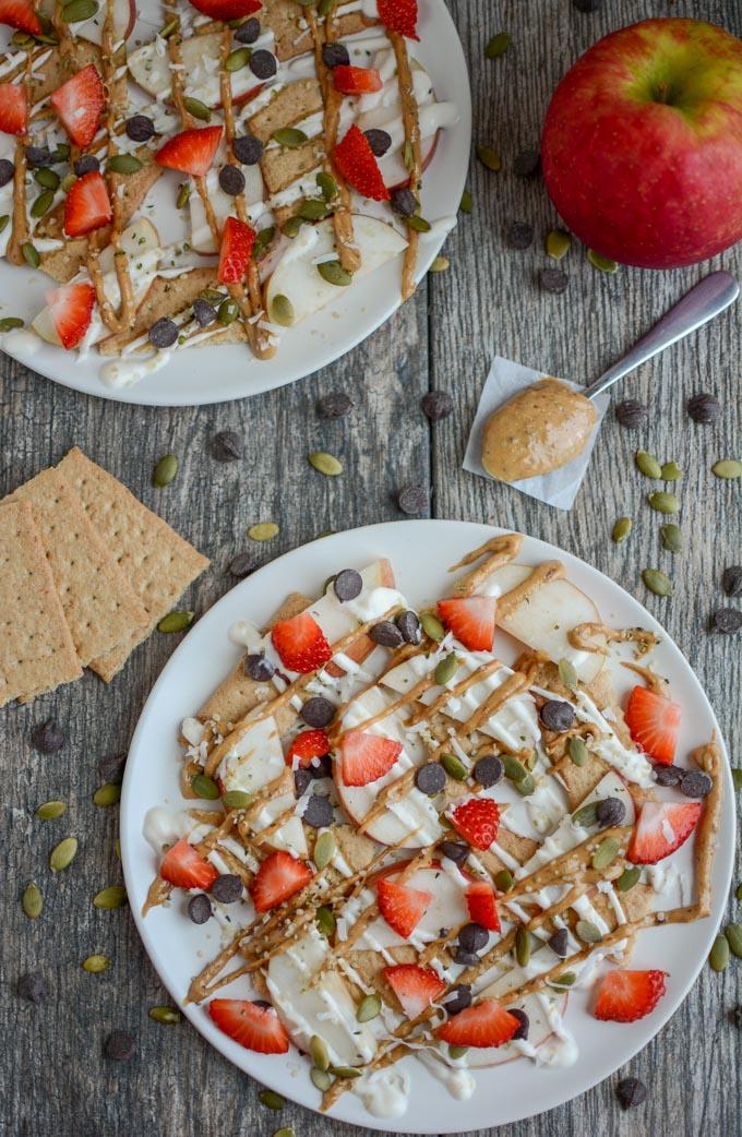 Apple Graham Cracker Snack Nachos with fresh strawberries