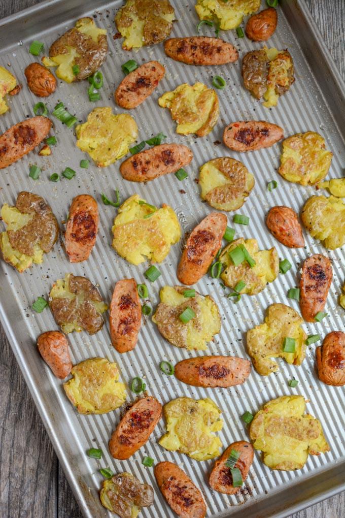 Sheet Pan Sausage and Smashed Potatoes