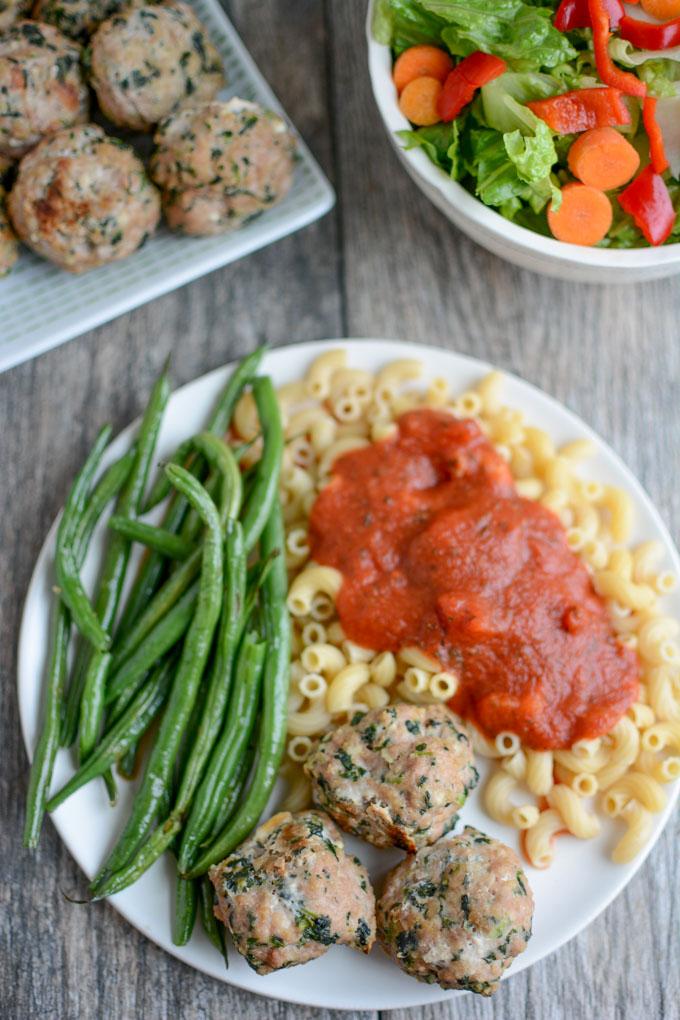 Spinach Feta Meatballs with pasta and green beans