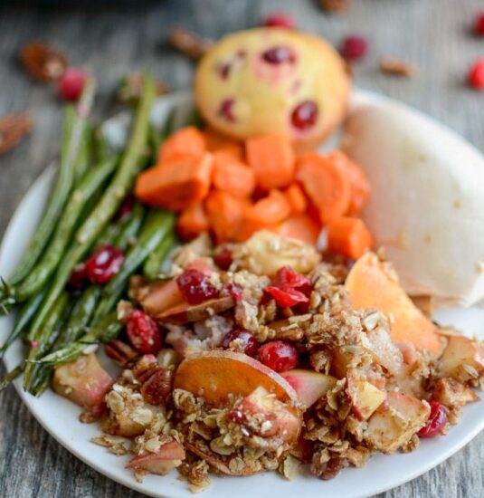 Sweet Potato Apple Cranberry Crumble on a Thanksgiving plate