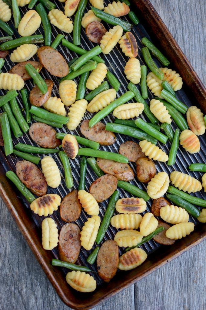 Sheet Pan Gnocchi with Sausage and Green Beans pan shot