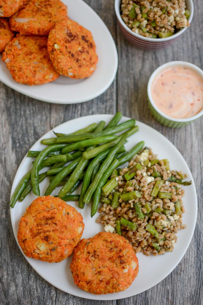 Salmon Cakes with roasted green beans and farro salad