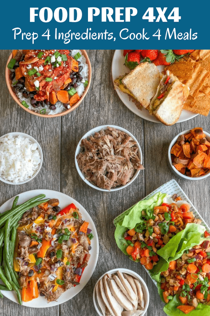 These Easy Pulled Pork Recipes can also be made with chicken or another protein source. Prep four simple ingredients on the weekend and combine for four quick, healthy meals during the week.