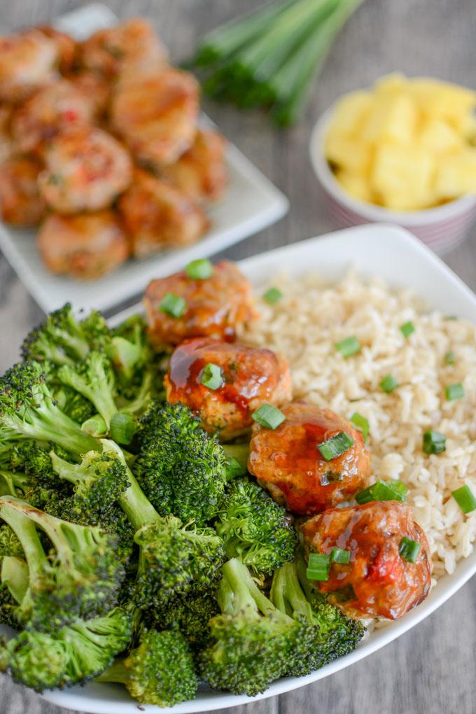 Carrot Pineapple Turkey Meatballs with rice and broccoli