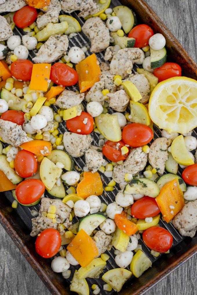 Sheet Pan Caprese Chicken with on rimmed baking sheet