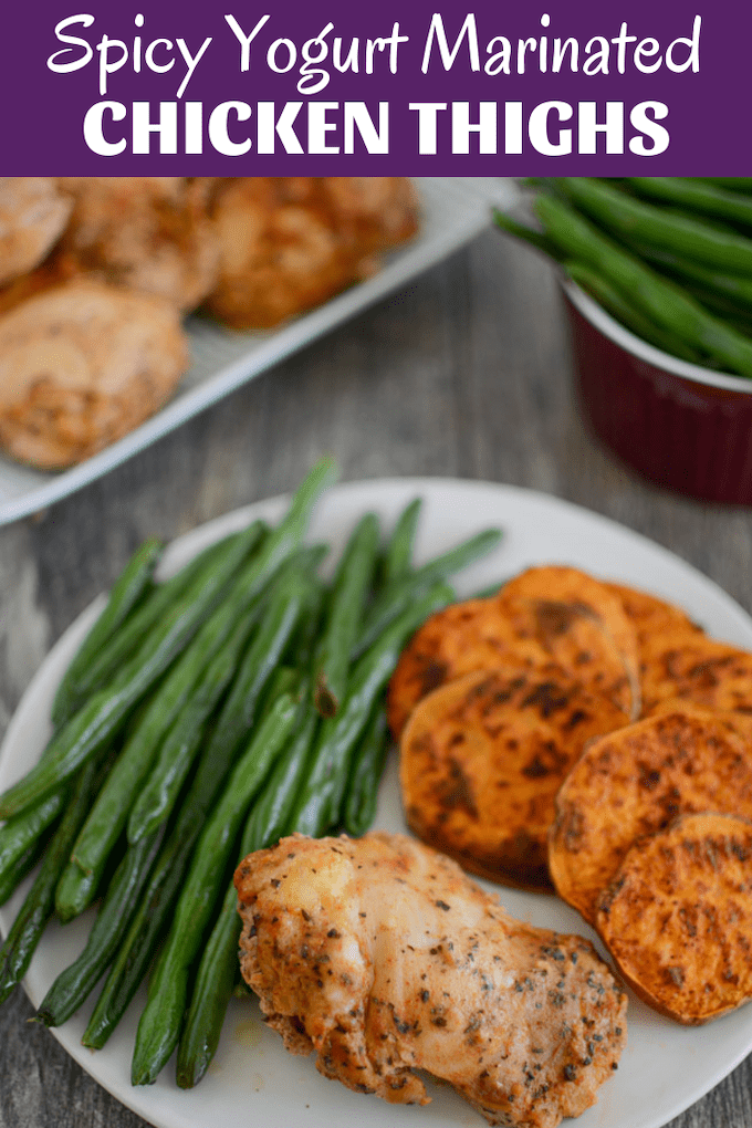 This Spicy Yogurt Marinated Chicken is so moist and flavorful. Prep it ahead of time and then throw it on a sheet pan in the oven or toss it on the grill for a quick, healthy dinner.