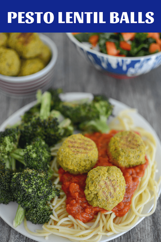 These Pesto Lentil Balls are a great food prep option for an easy, vegetarian lunch or dinner. Make them ahead of time and serve with dipping sauce, over spaghetti noodles or on a salad!