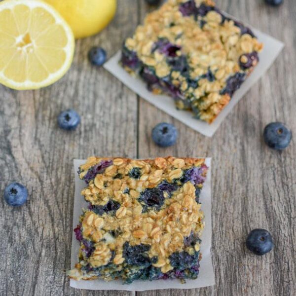 Lemon Blueberry Cheesecake Oat Bars two squares